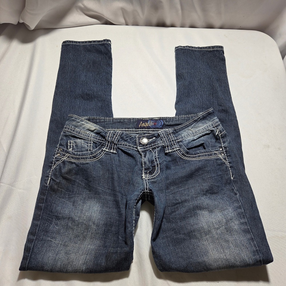 Angels Womens Skinny Jeans Blue Dark Wash Thick Stitch Rhinestone Low Rise Sz 5